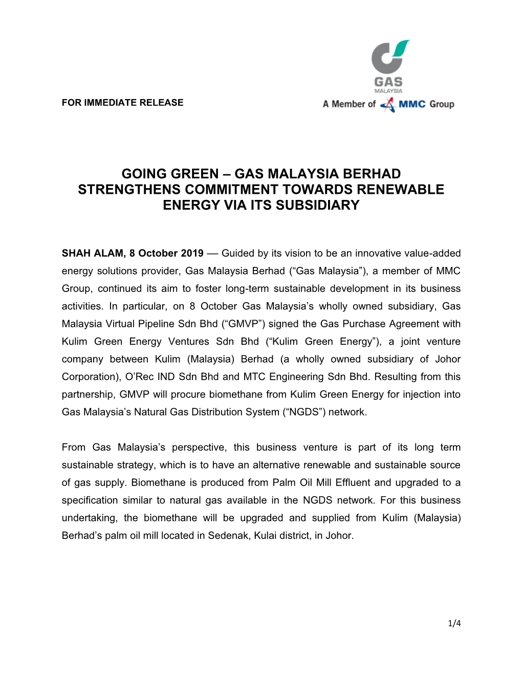 Going Green – Gas Malaysia Berhad Strengthens Commitment Towards Renewable Energy Via Its Subsidiary