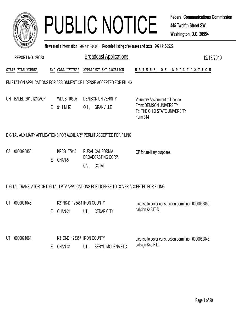 Broadcast Applications 12/13/2019