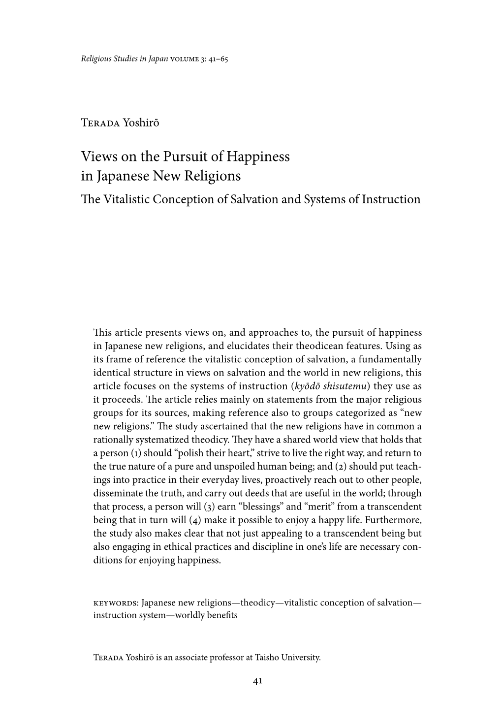 Views on the Pursuit of Happiness in Japanese New Religions the Vitalistic Conception of Salvation and Systems of Instruction