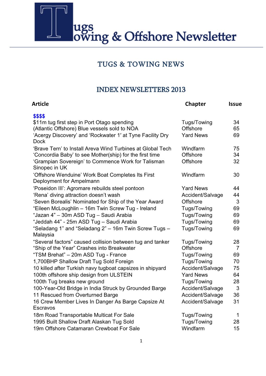 Tugs & Towing News Index Newsletters 2013