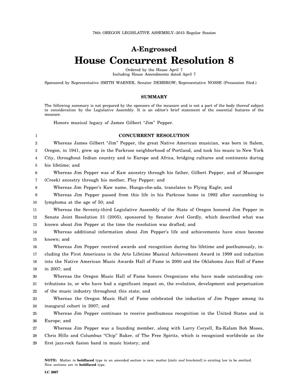 House Concurrent Resolution 8 Ordered by the House April 7 Including House Amendments Dated April 7