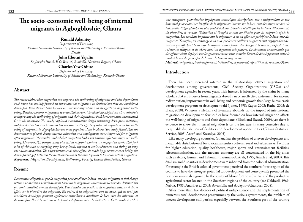 The Socio-Economic Well-Being of Internal Migrants in Agbogbloshie, Ghana 133