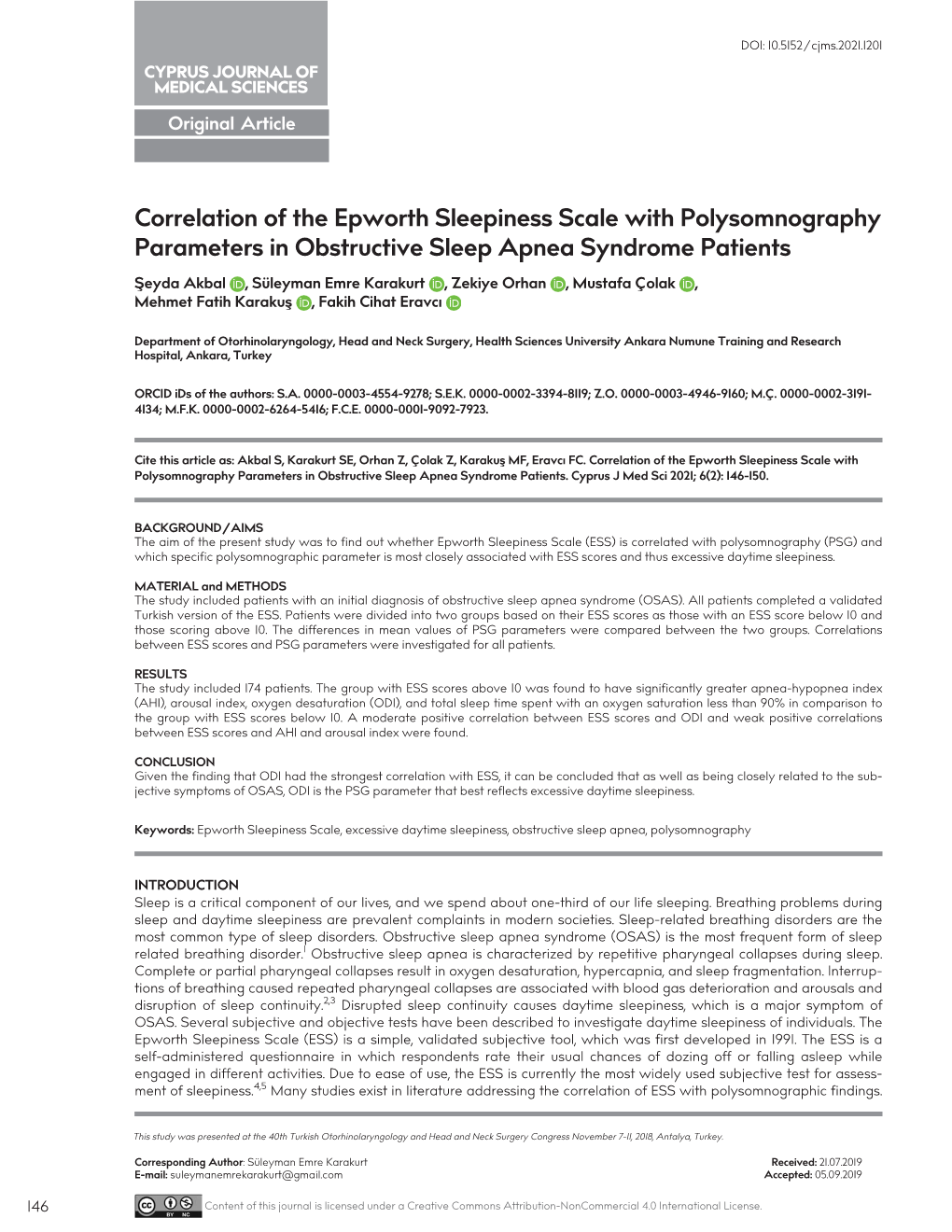 Correlation of the Epworth Sleepiness Scale with Polysomnography Parameters in Obstructive Sleep Apnea Syndrome Patients