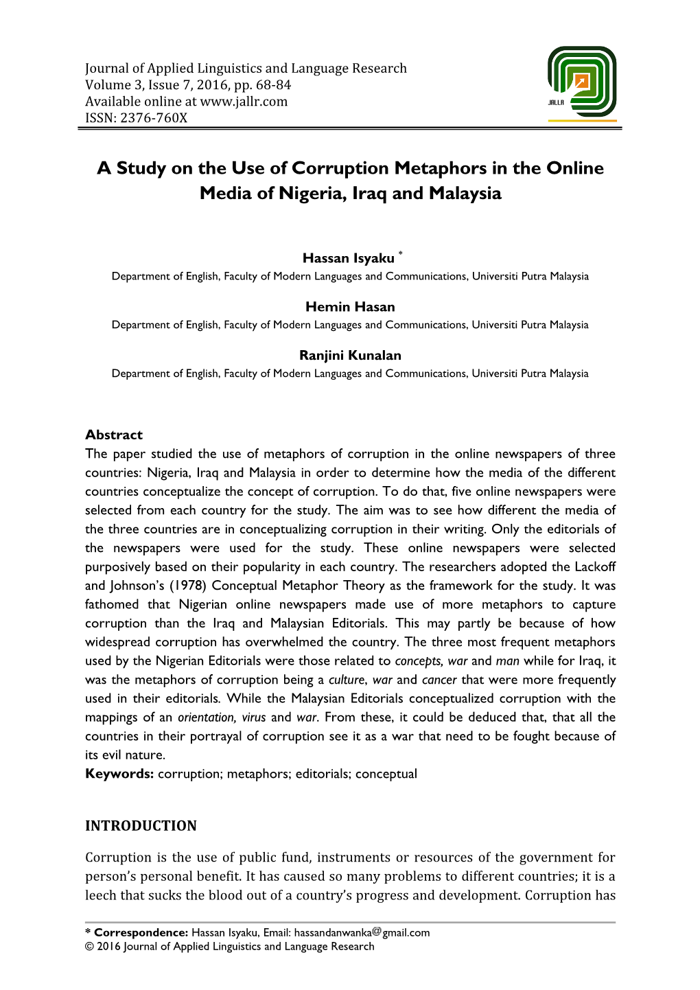 A Study on the Use of Corruption Metaphors in the Online Media of Nigeria, Iraq and Malaysia