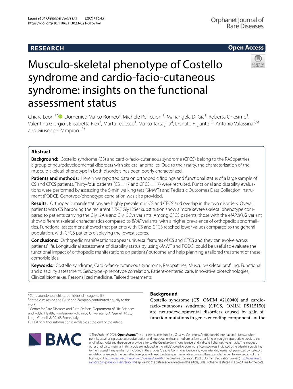 Musculo-Skeletal Phenotype of Costello Syndrome and Cardio-Facio