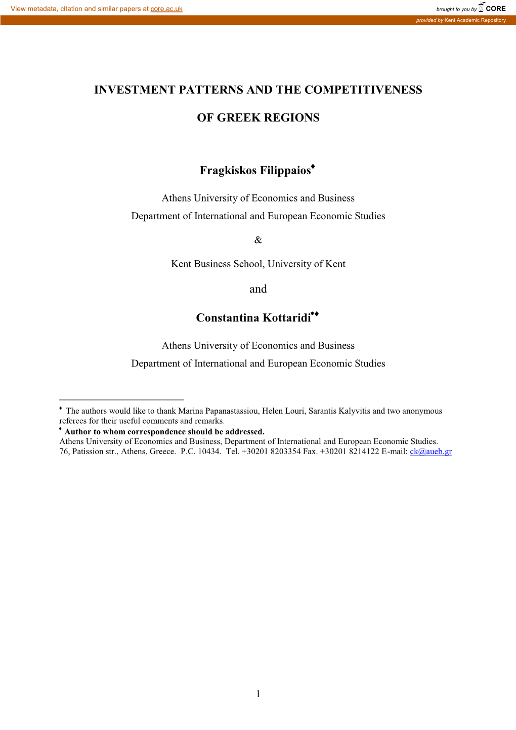 Investment Patterns and the Competitiveness of Greek Regions