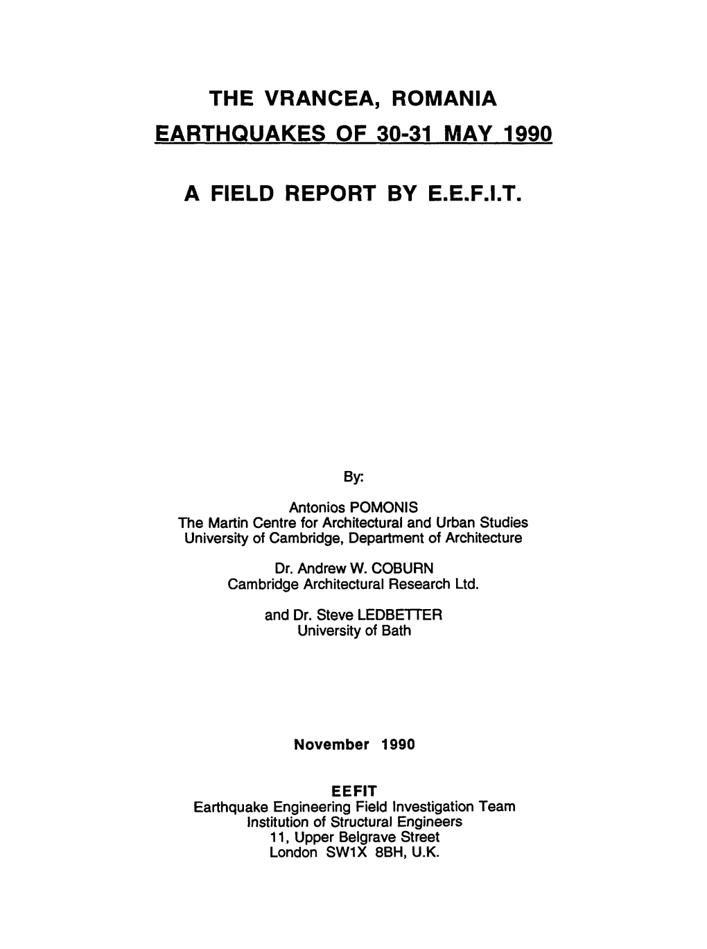 The Vrancea, Romania Earthquakes of 30-31 May 1990 a Field Report by Eefit