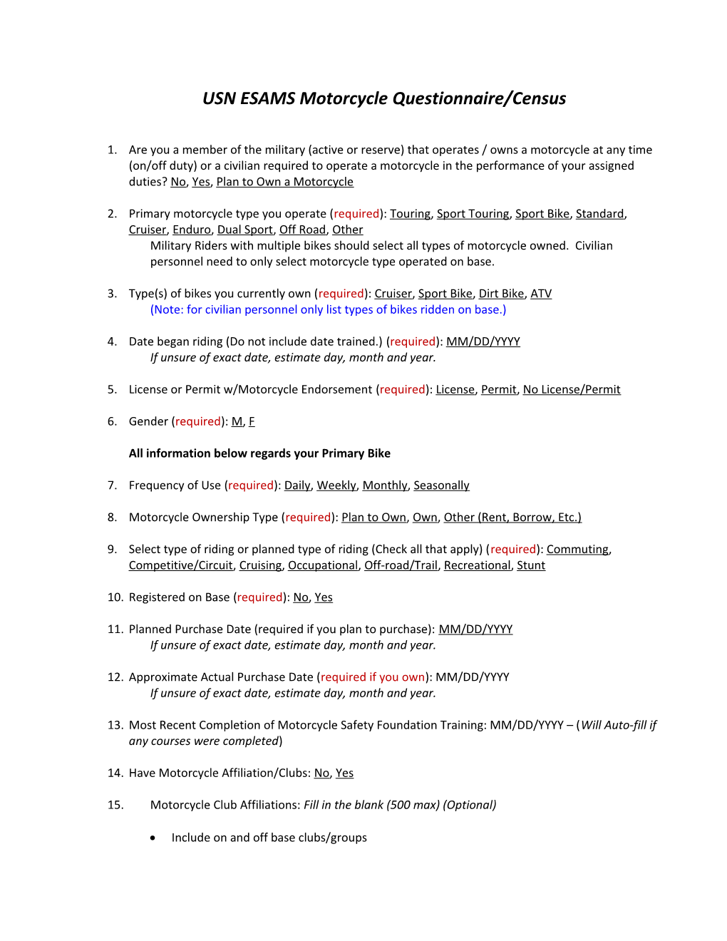 USN ESAMS Motorcycle Questionnaire/Census