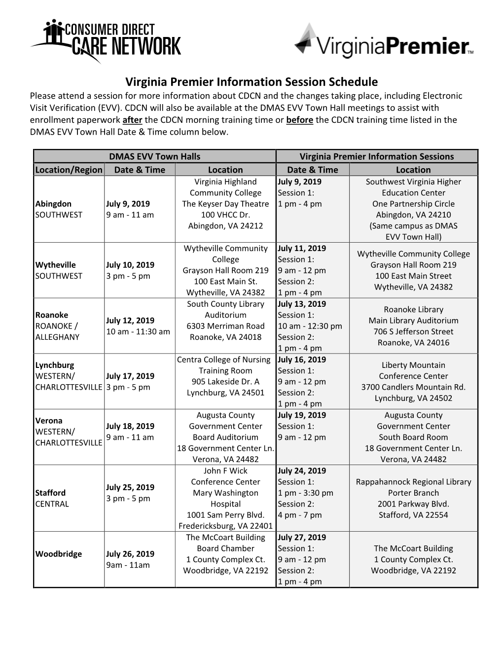 Virginia Premier Information Session Schedule