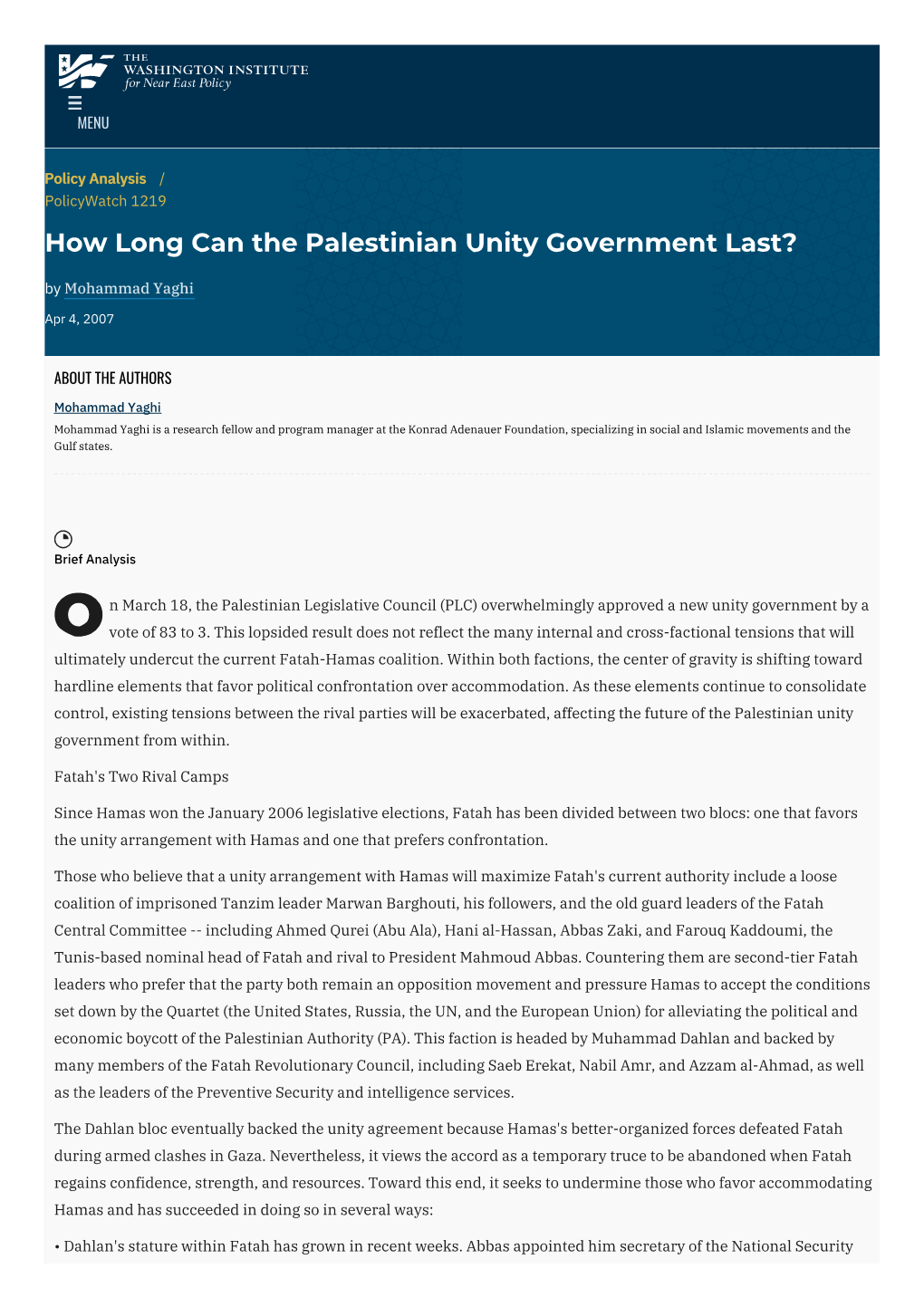 How Long Can the Palestinian Unity Government Last? | The