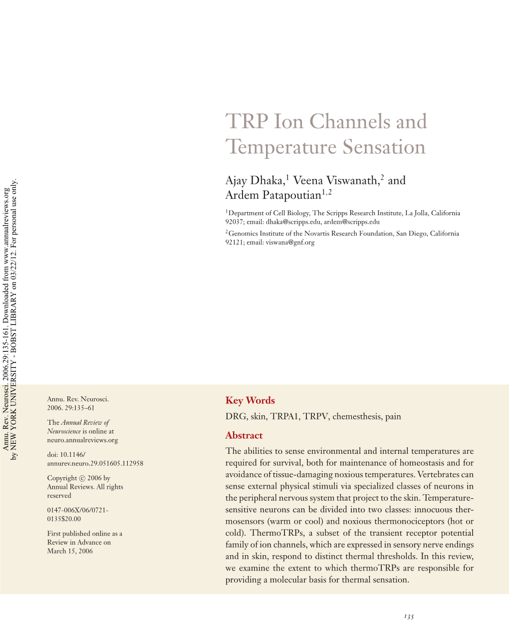 TRP Ion Channels and Temperature Sensation