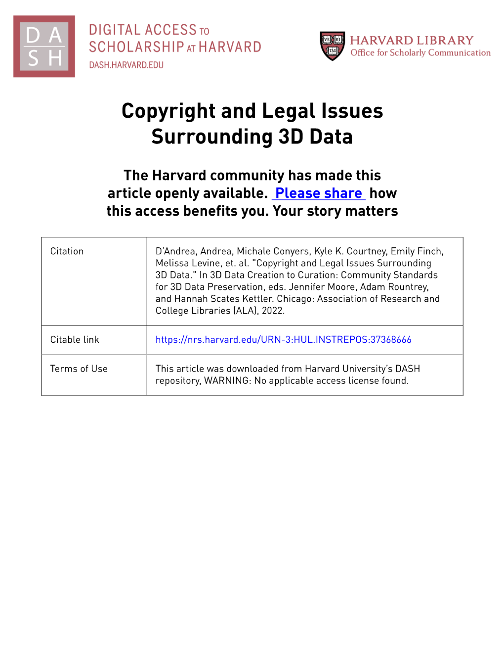 Copyright and Legal Issues Surrounding 3D Data