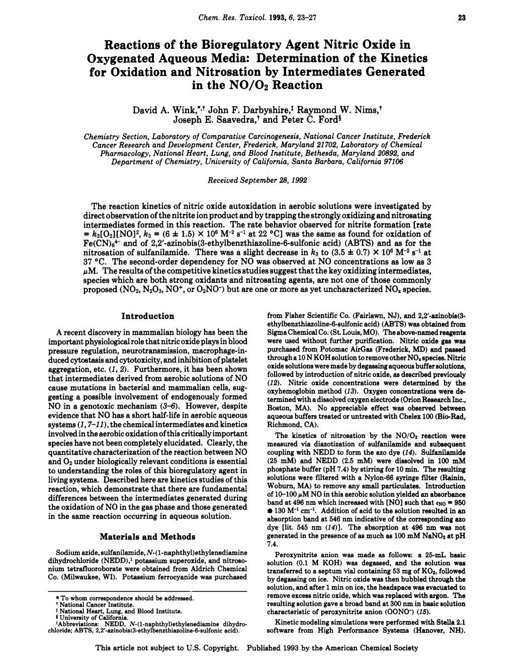 Reactions of the Bioregulatory Agent Nitric Oxide In