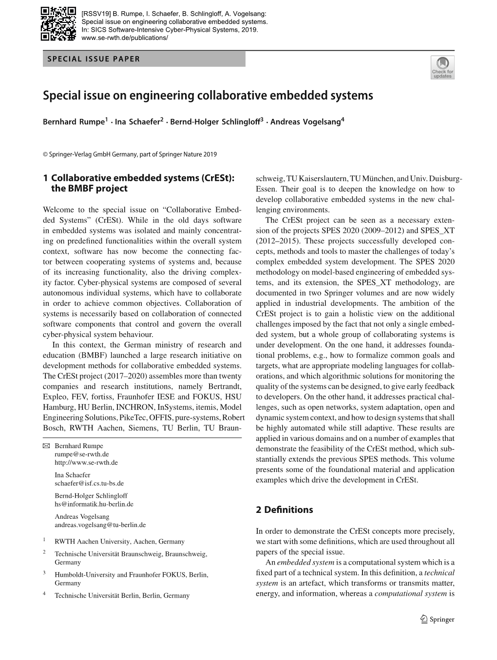 Special Issue on Engineering Collaborative Embedded Systems