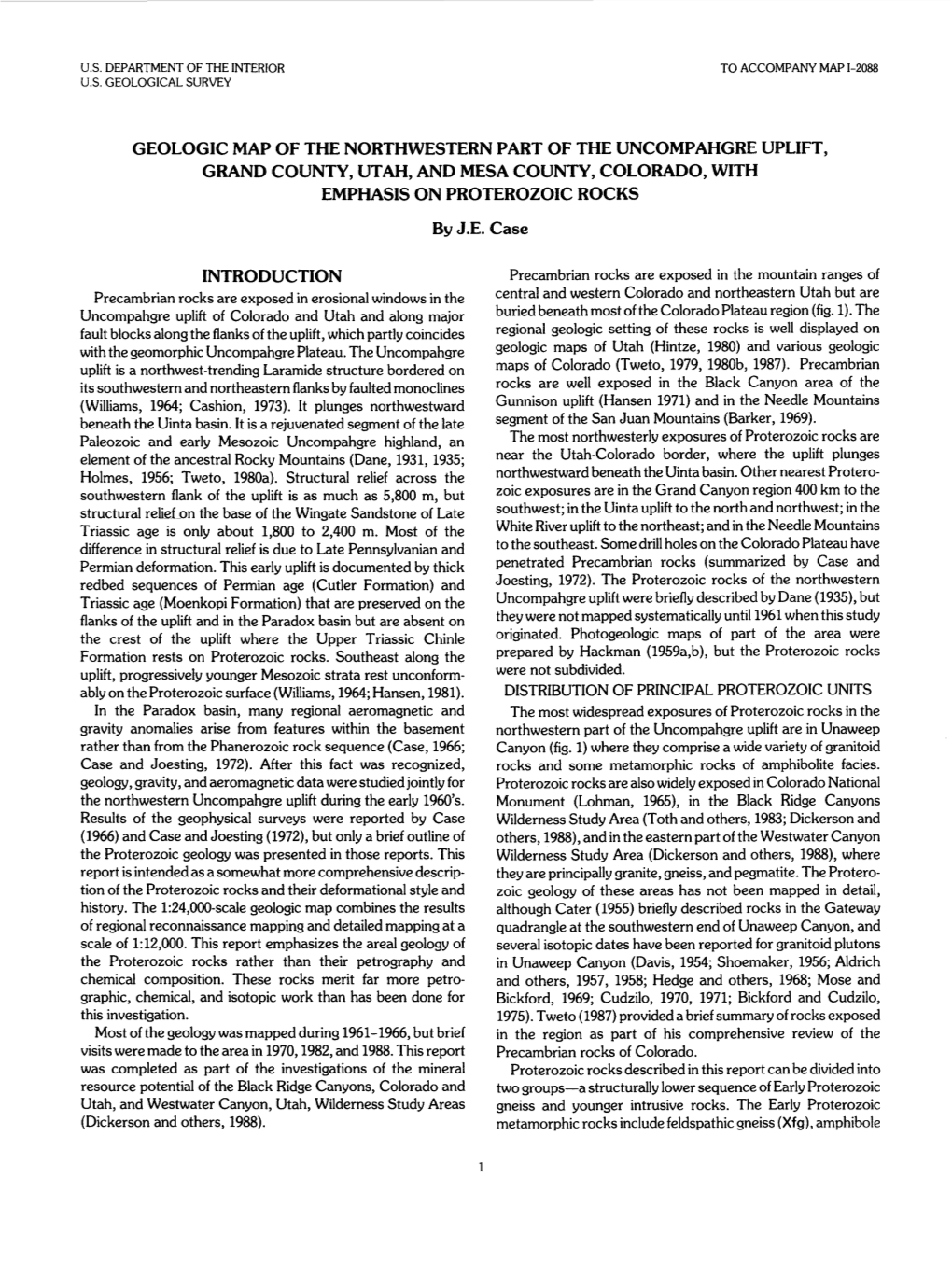 Geologic Map of the Northwestern Part of the Uncompahgre Uplift, Grand County, Utah, and Mesa County, Colorado, with Emphasis on Proterozoic Rocks