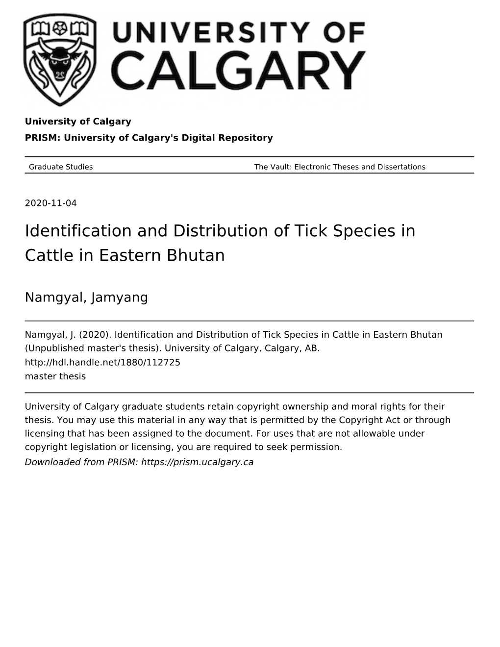 Identification and Distribution of Tick Species in Cattle in Eastern Bhutan