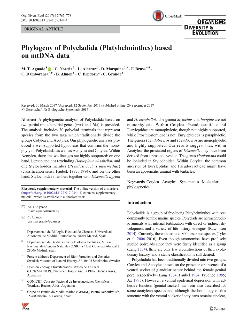Phylogeny of Polycladida (Platyhelminthes) Based on Mtdna Data