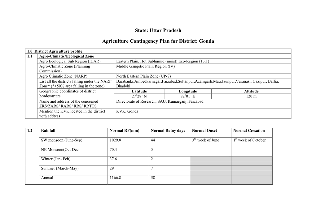 State: Uttar Pradesh Agriculture Contingency Plan for District: Gonda