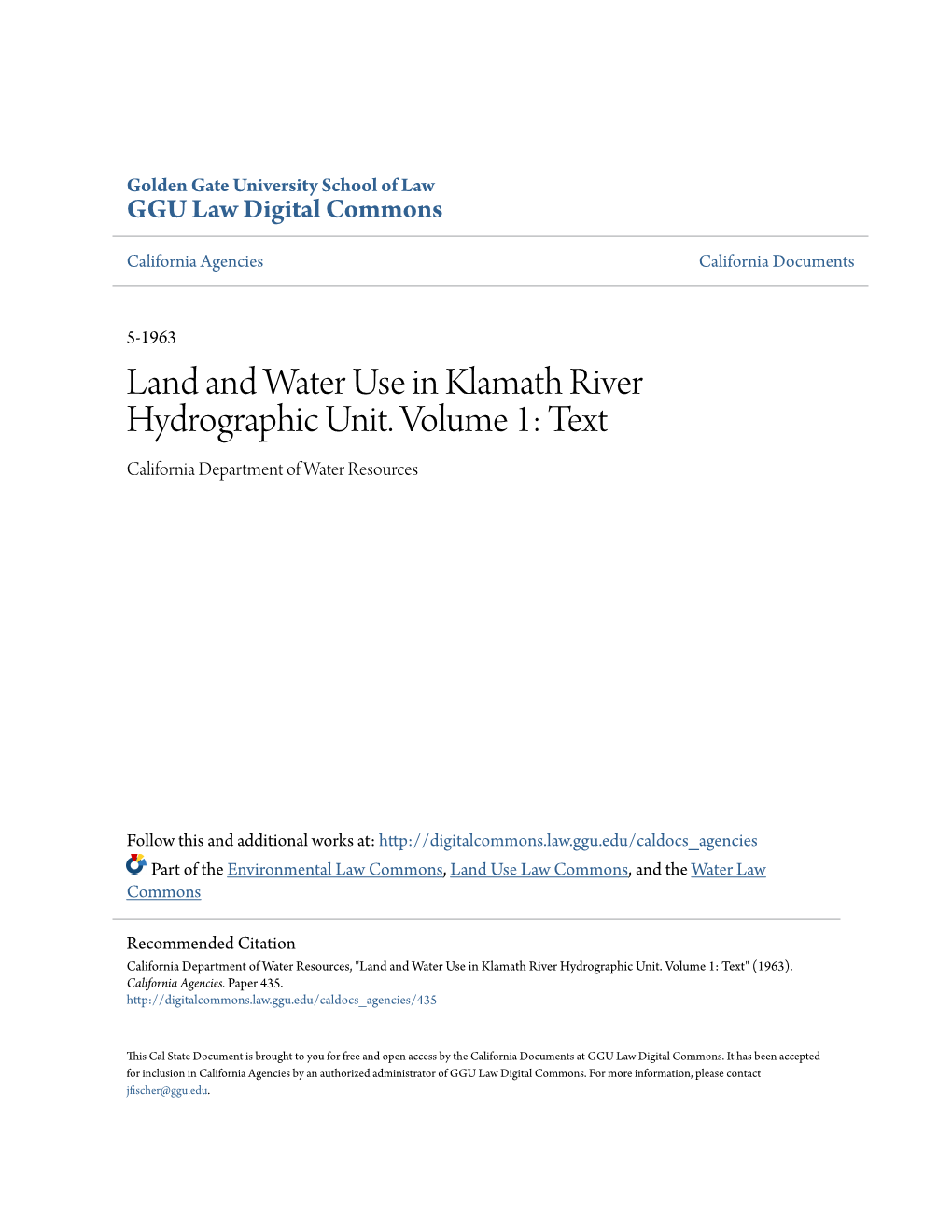 Land and Water Use in Klamath River Hydrographic Unit