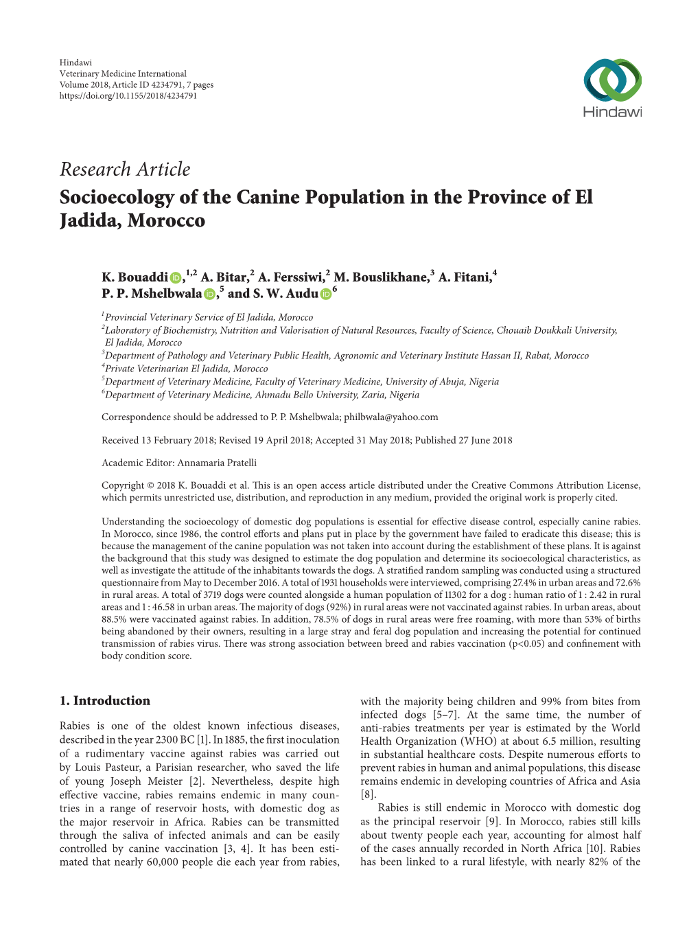 Research Article Socioecology of the Canine Population in the Province of El Jadida, Morocco