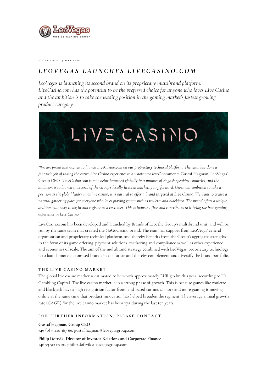 Leovegas Launches Livecasino.Com