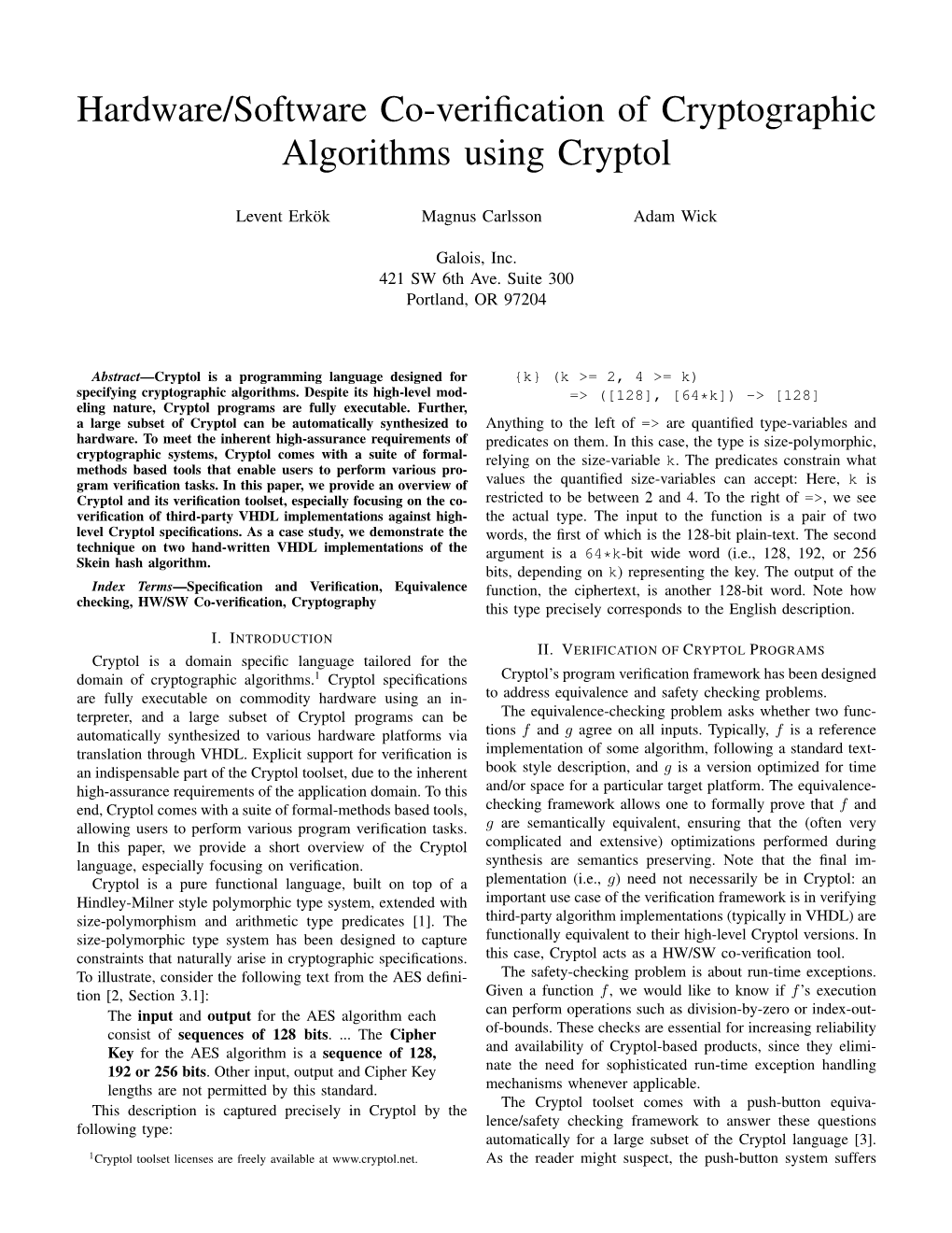 Hardware/Software Co-Verification of Cryptographic Algorithms Using