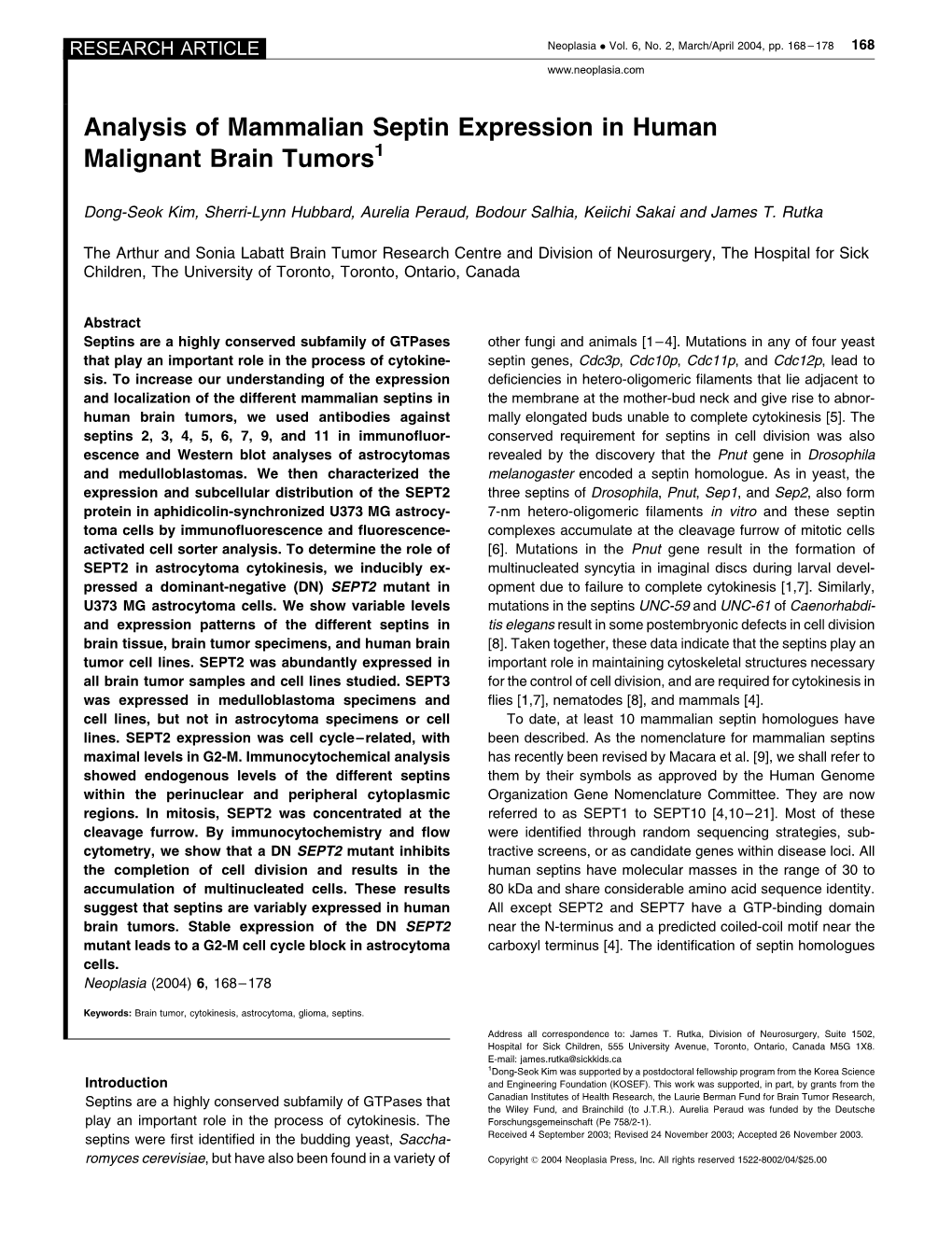 Analysis of Mammalian Septin Expression in Human Malignant Brain Tumors1