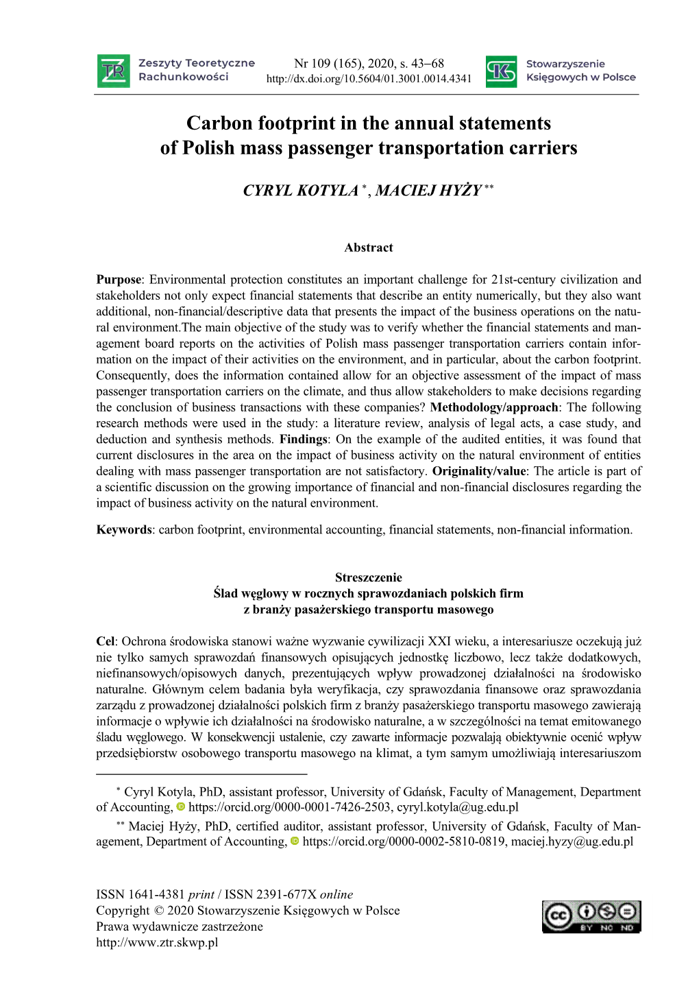 Carbon Footprint in the Annual Statements of Polish Mass Passenger Transportation Carriers