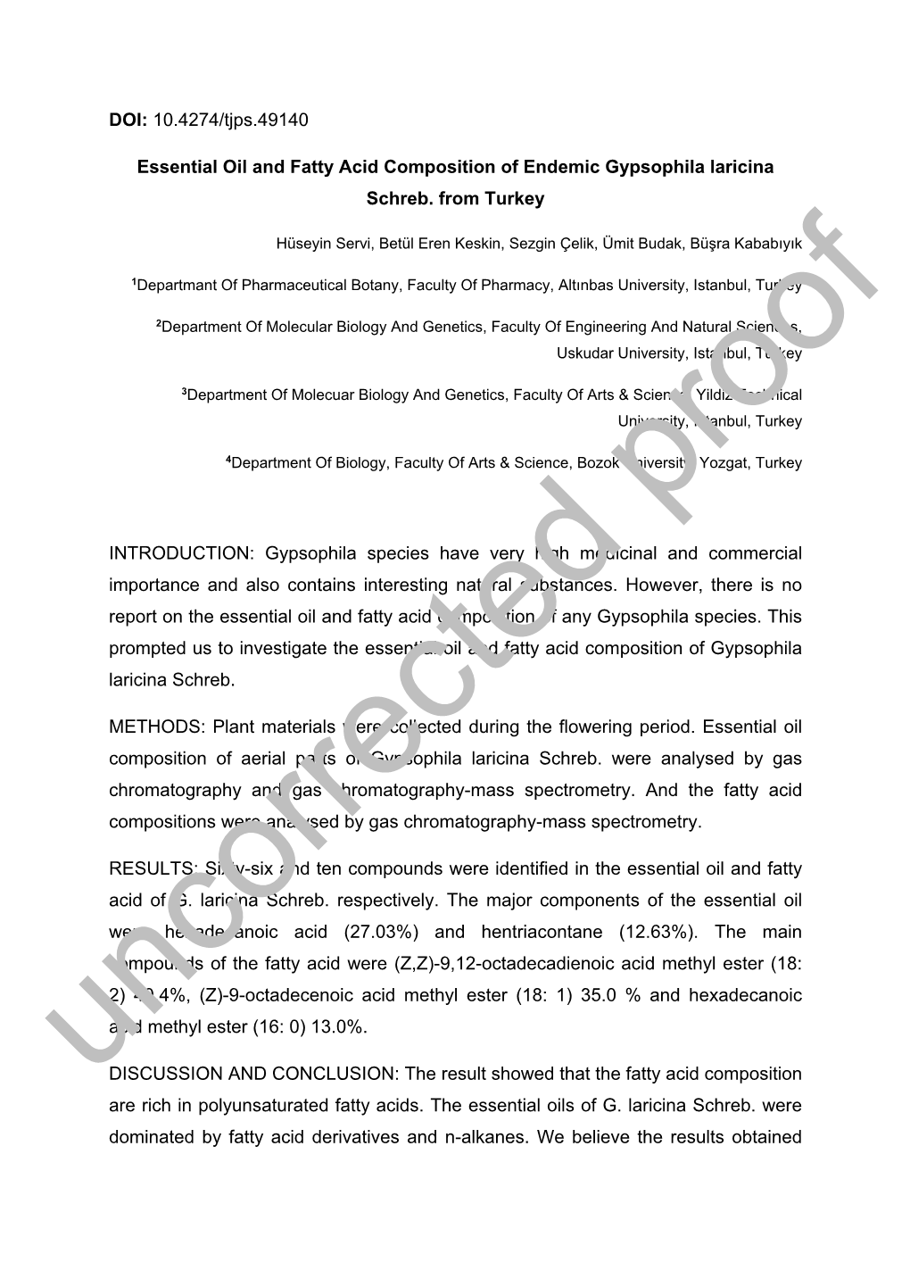 DOI: 10.4274/Tjps.49140 Essential Oil and Fatty Acid Composition Of