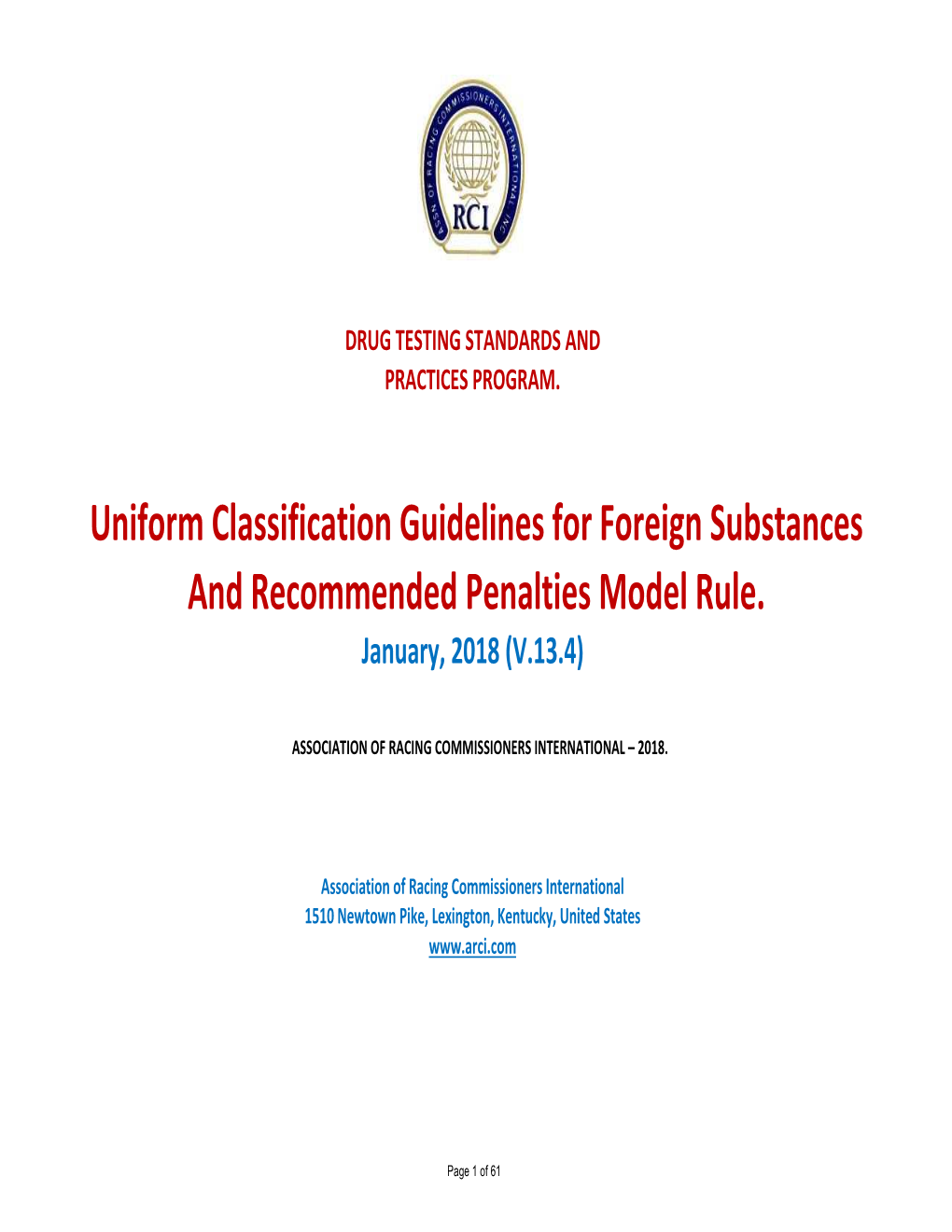 Uniform Classification Guidelines for Foreign Substances and Recommended Penalties Model Rule