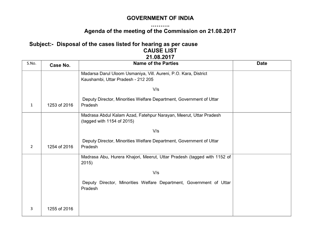 GOVERNMENT of INDIA ………. Agenda of the Meeting of the Commission on 21.08.2017