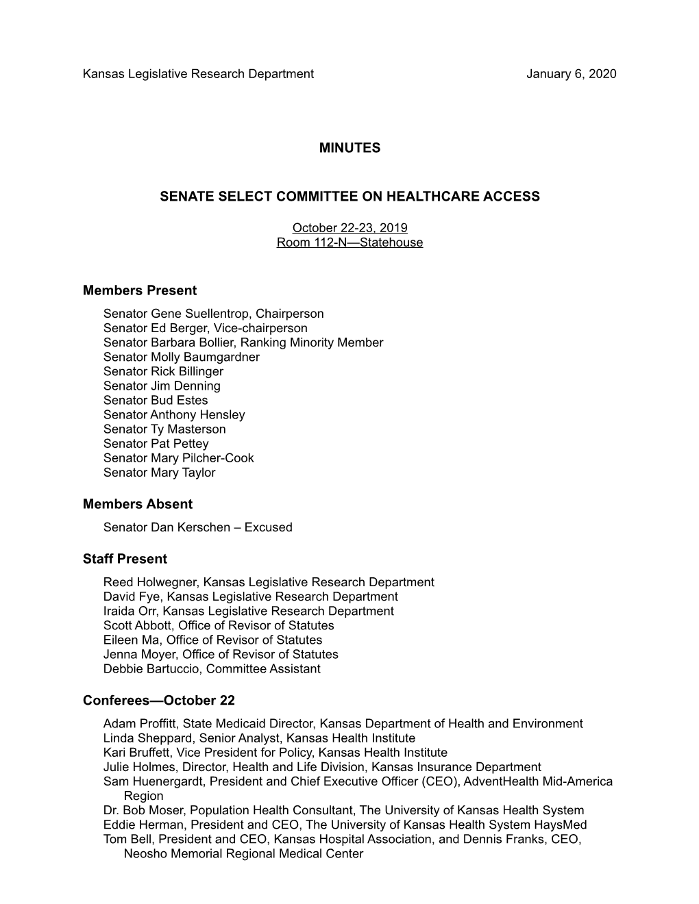 Minutes Senate Select Committee on Healthcare