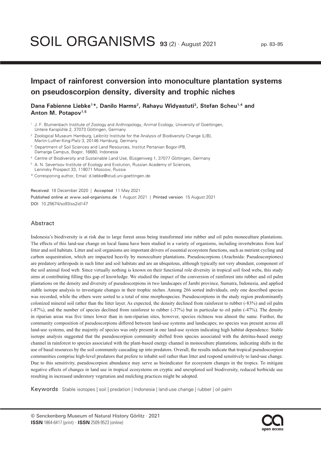 Impact of Rainforest Conversion Into Monoculture Plantation Systems on Pseudoscorpion Density, Diversity and Trophic Niches