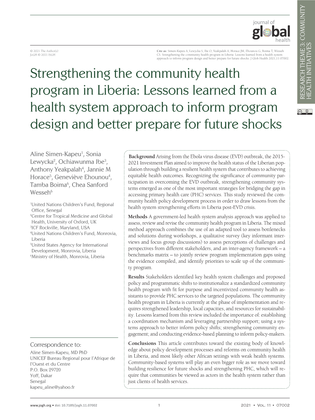Strengthening the Community Health Program in Liberia: Lessons Learned from a Health System Approach to Inform Program Design An