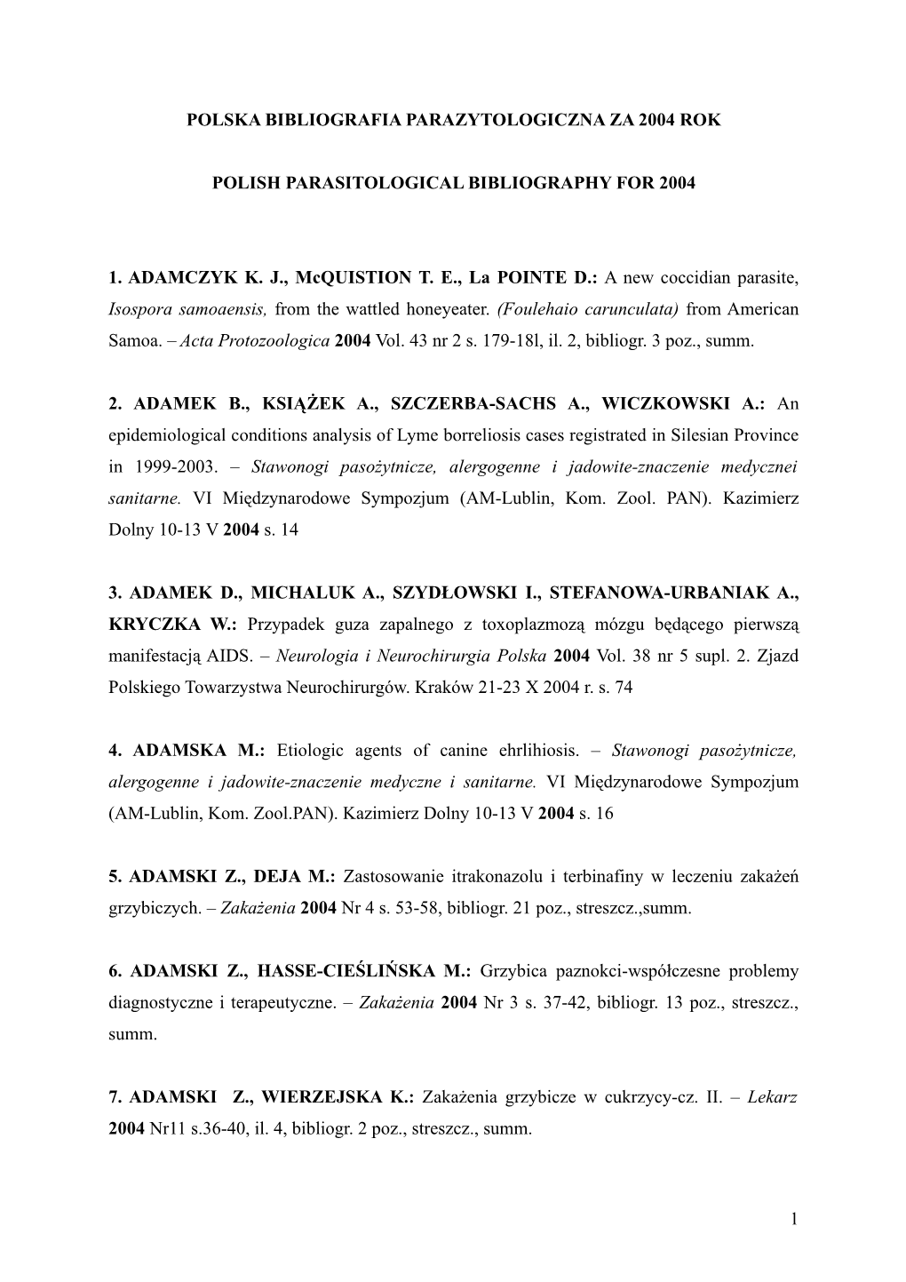 Polska Bibliografia Parazytologiczna Za 2004 Rok