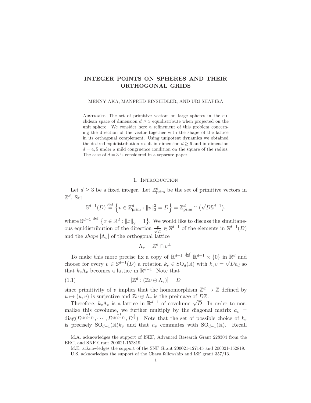 Integer Points on Spheres and Their Orthogonal Grids