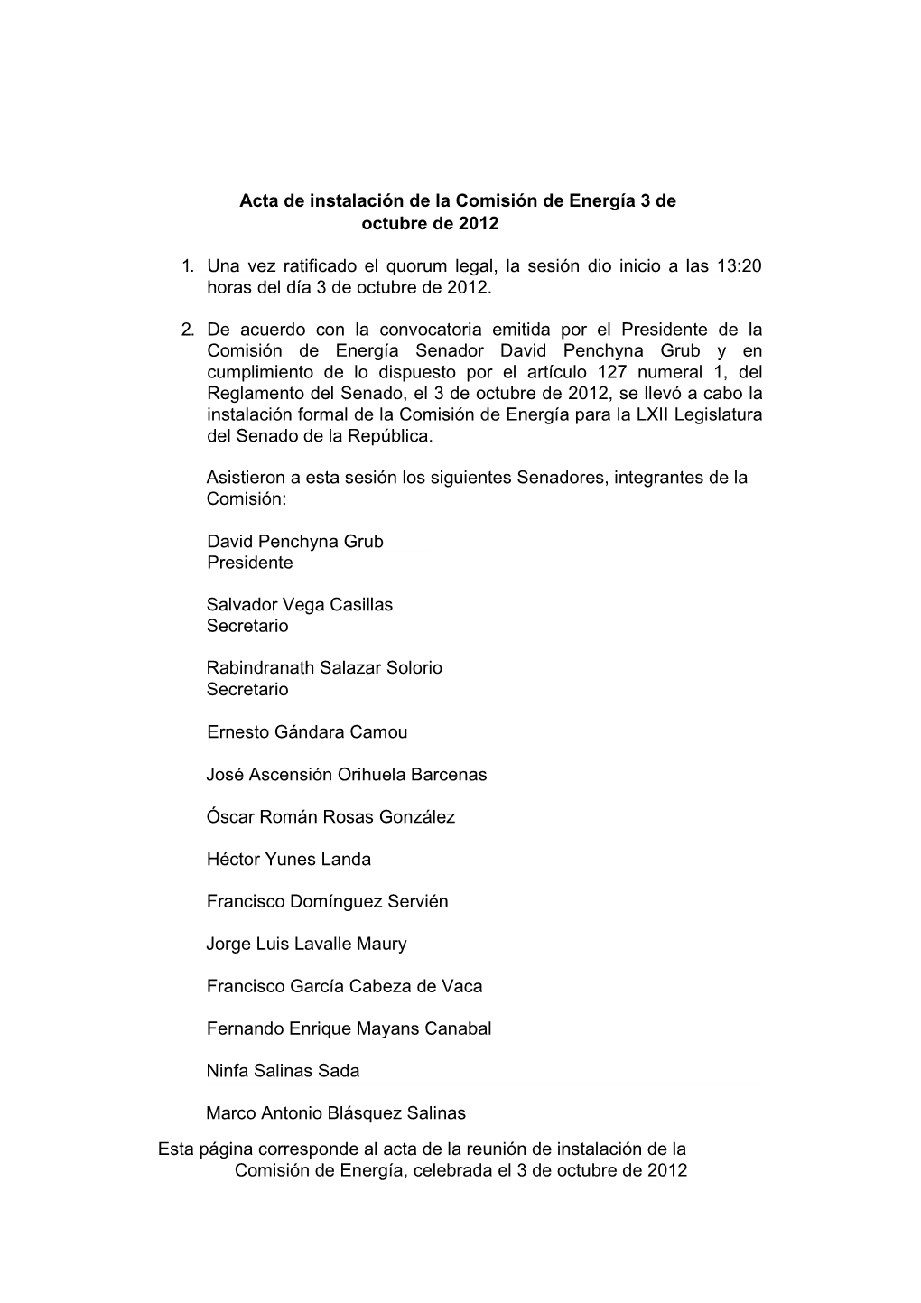 Acta De Instalación De La Comisión De Energía 3 De Octubre De 2012 1