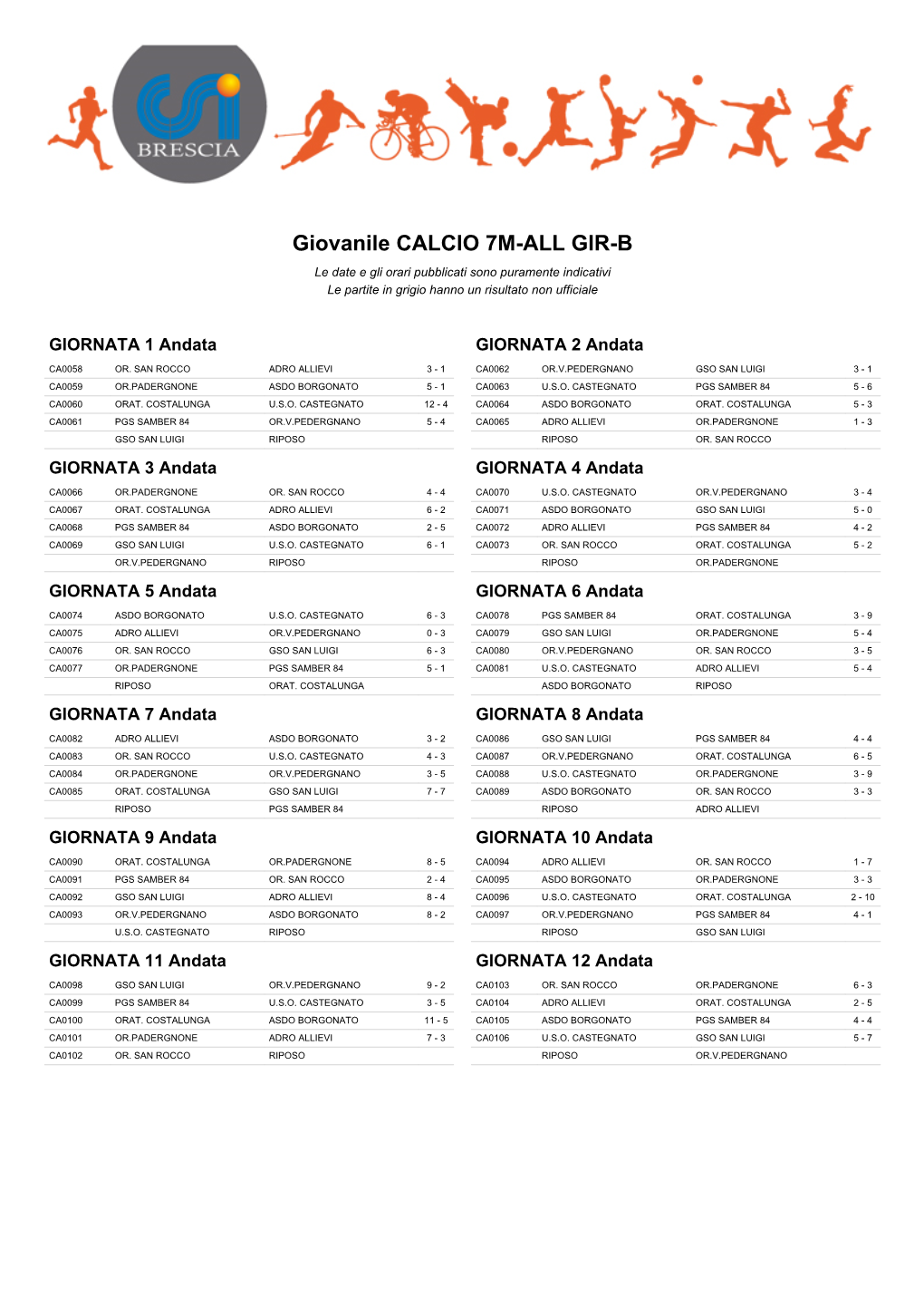 Giovanile CALCIO 7M-ALL GIR-B Le Date E Gli Orari Pubblicati Sono Puramente Indicativi Le Partite in Grigio Hanno Un Risultato Non Ufficiale