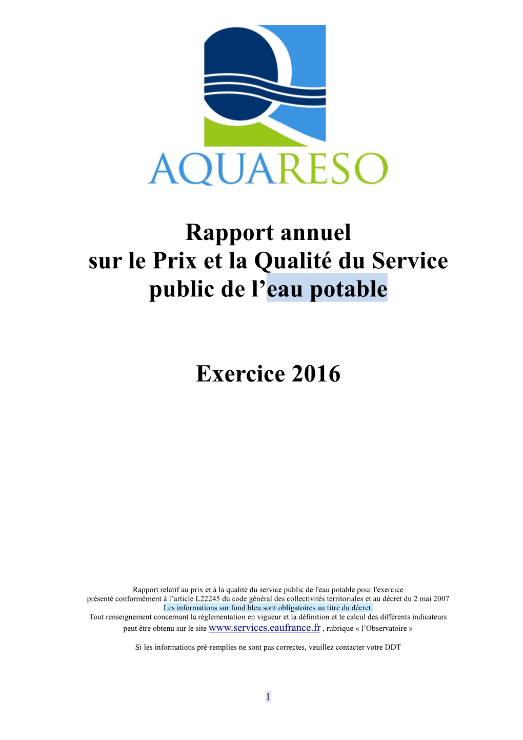 Rapport Annuel Sur Le Prix Et La Qualité Du Service Public De L'eau Potable Exercice 2016