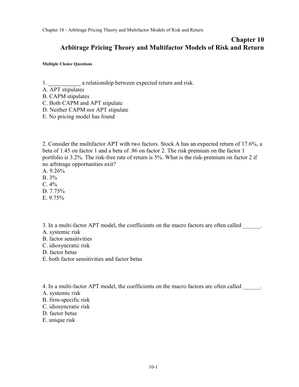 Chapter 10 Arbitrage Pricing Theory And Multifactor Models Of Risk And Return