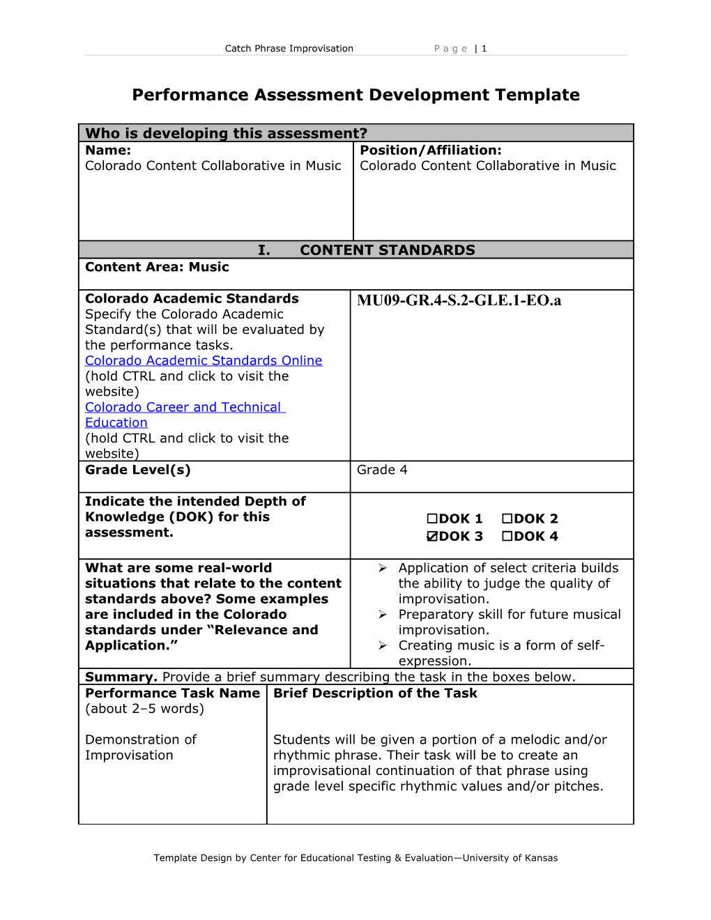 Performance Assessment Development Template