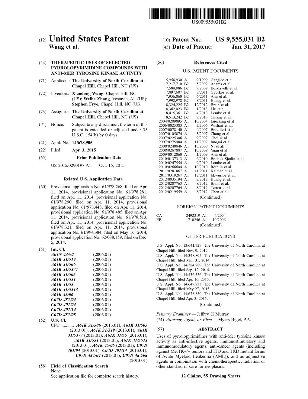 (12) United States Patent (10) Patent No.: US 9,555,031 B2 Wang Et Al