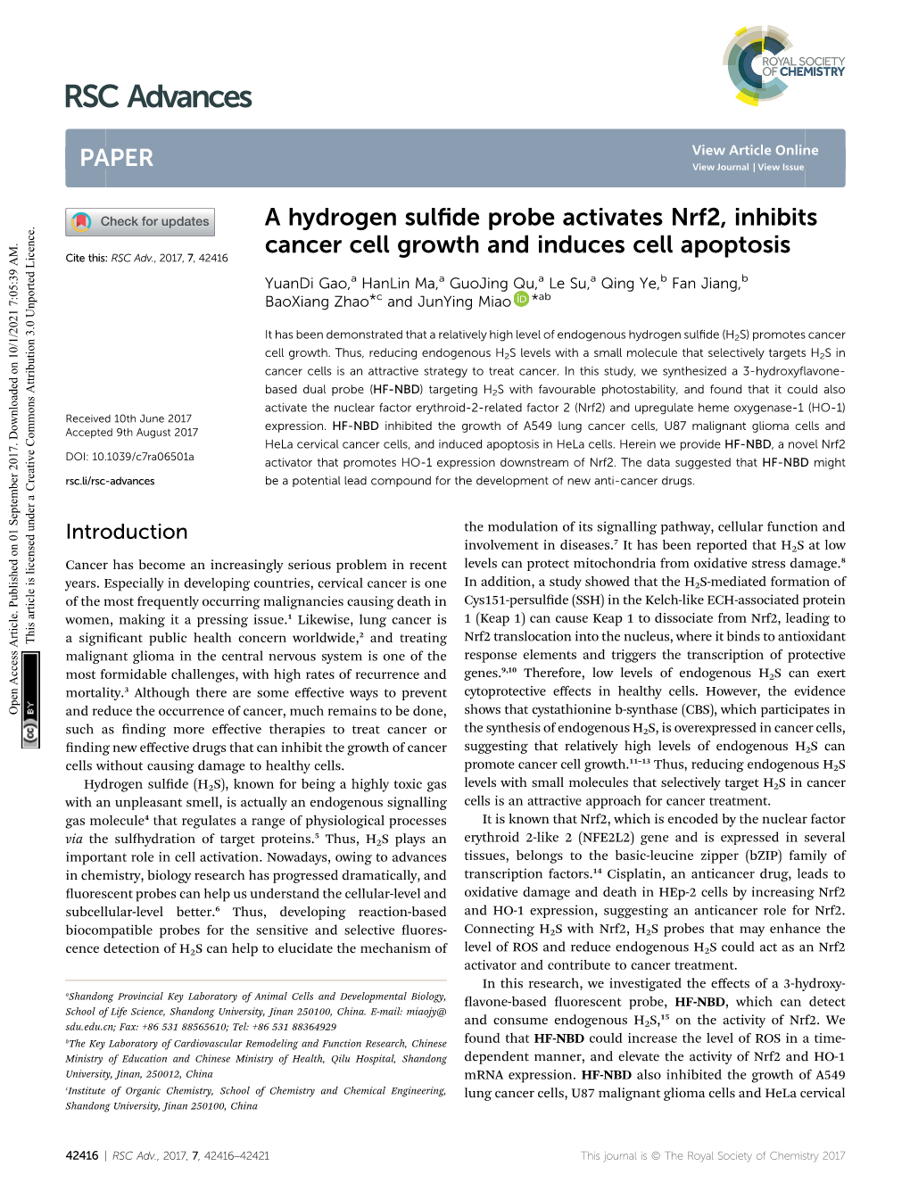 A Hydrogen Sulfide Probe Activates Nrf2, Inhibits Cancer Cell Growth And