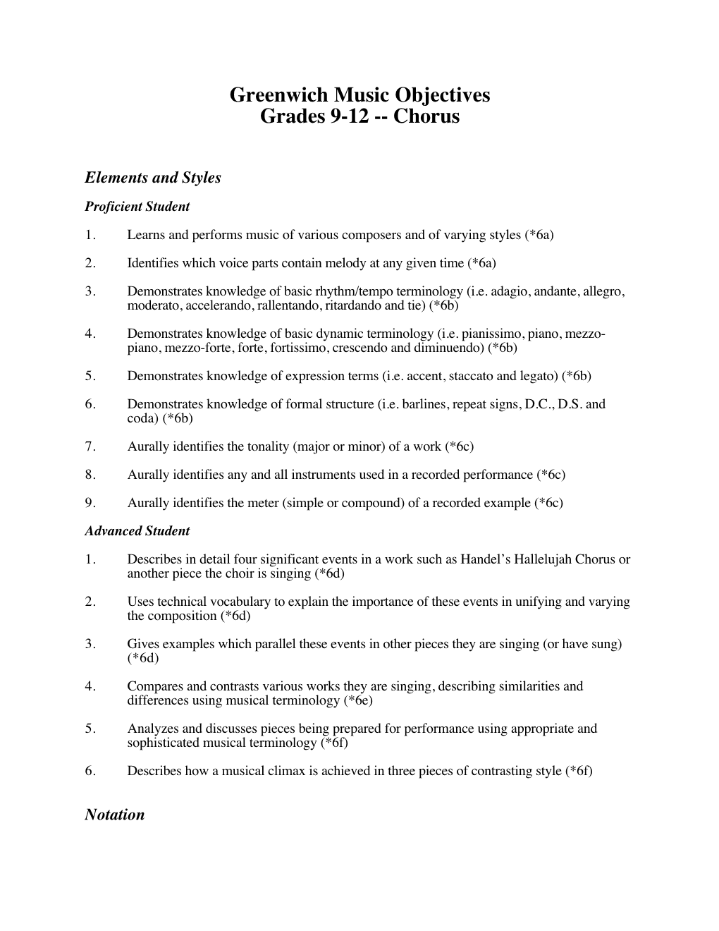 Greenwich Music Objectives Grades 9-12 -- Chorus