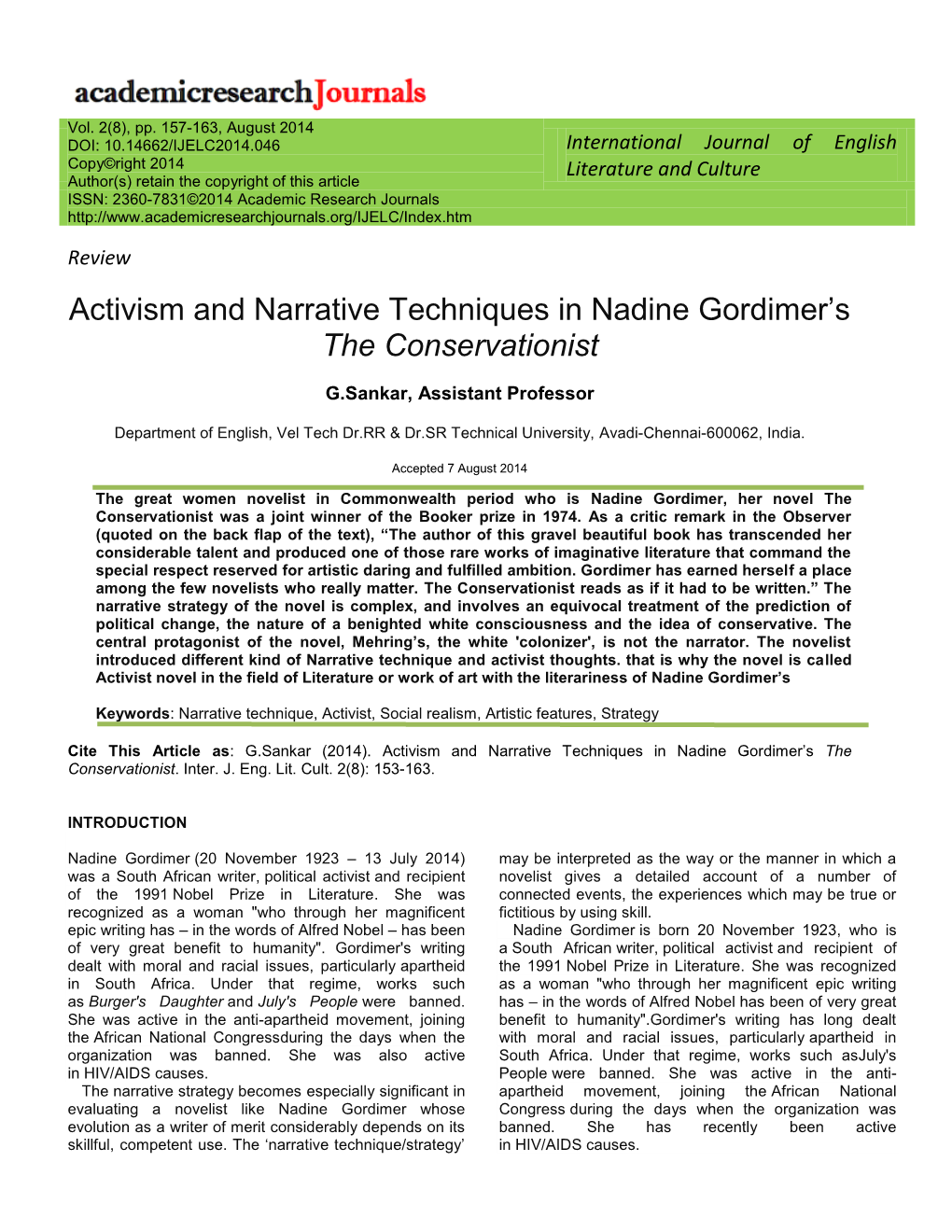 Activism and Narrative Techniques in Nadine Gordimer‟S the Conservationist