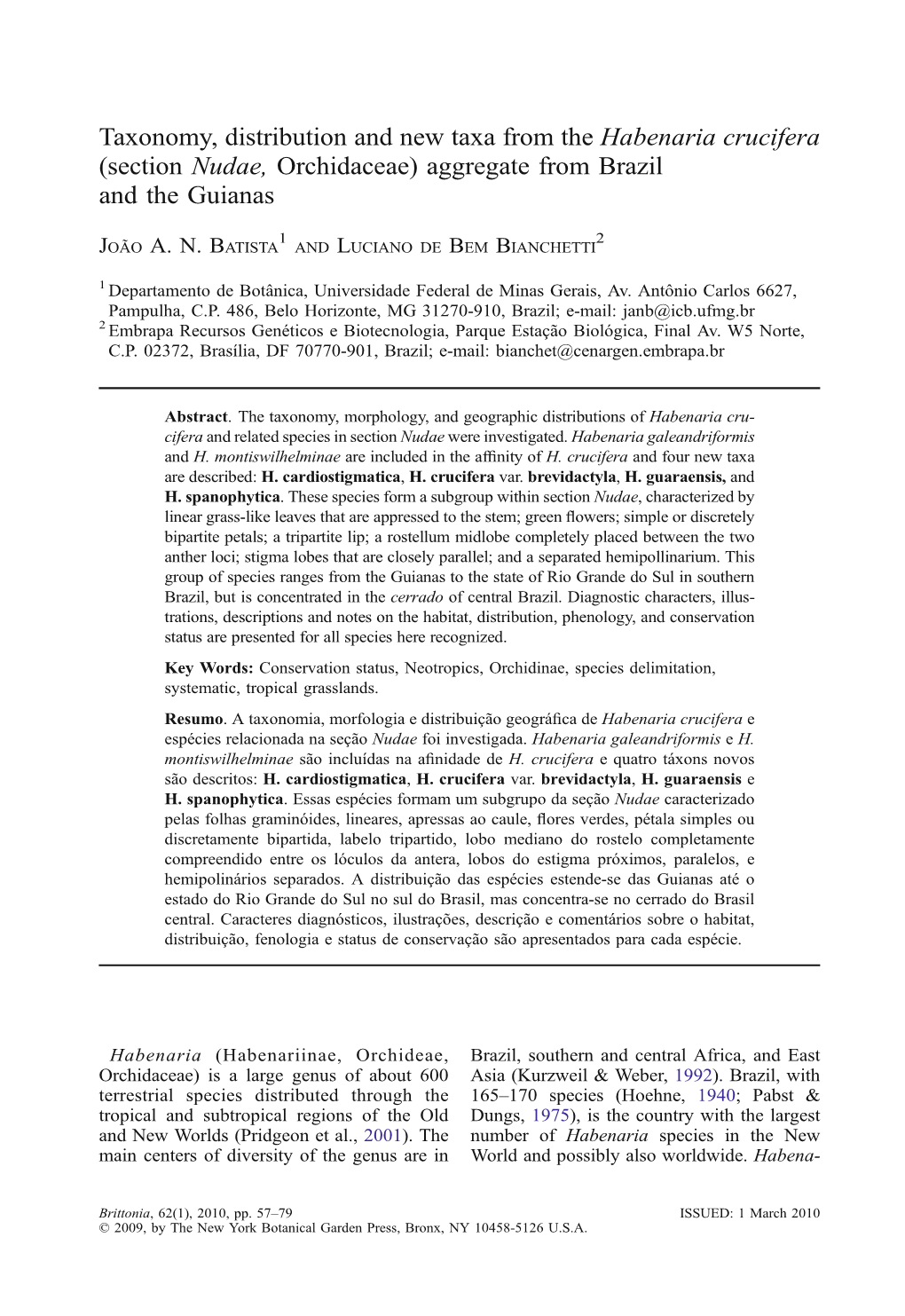 Taxonomy, Distribution and New Taxa from the Habenaria Crucifera (Section Nudae, Orchidaceae) Aggregate from Brazil and the Guianas