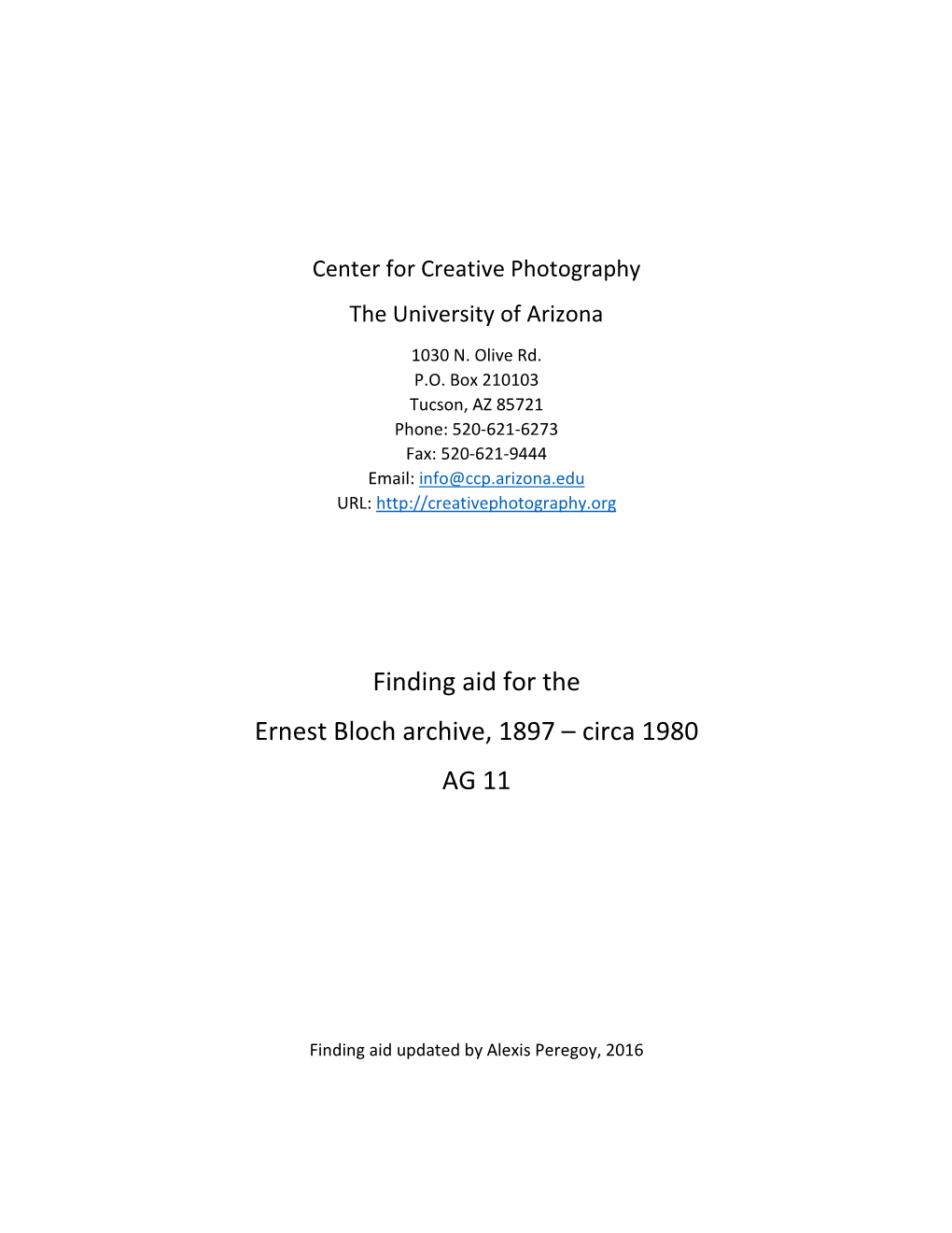 Finding Aid for the Ernest Bloch Collection