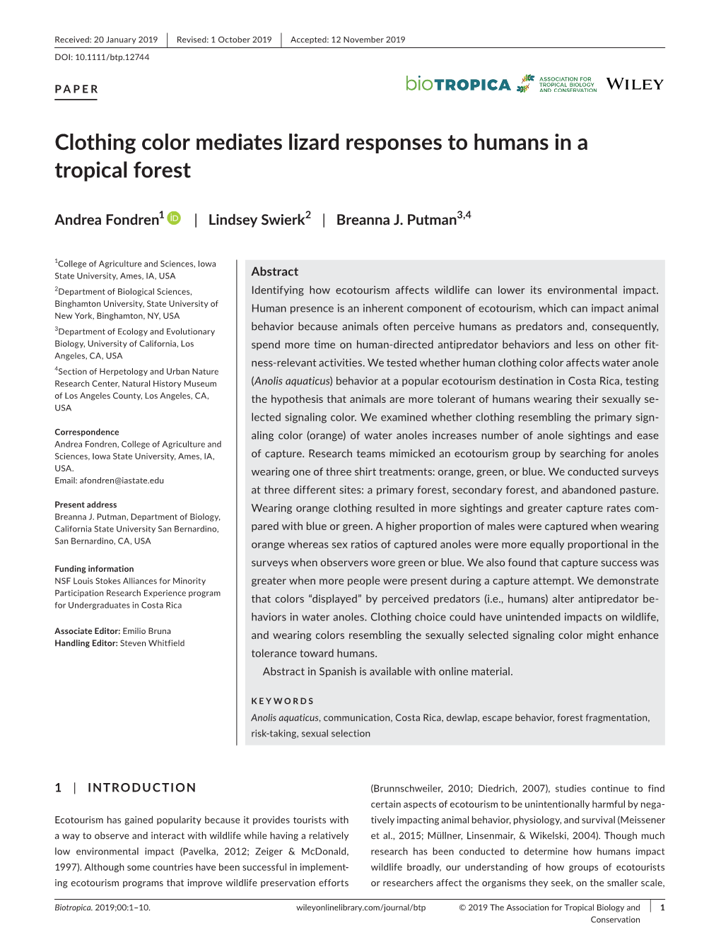 Clothing Color Mediates Lizard Responses to Humans in a Tropical Forest