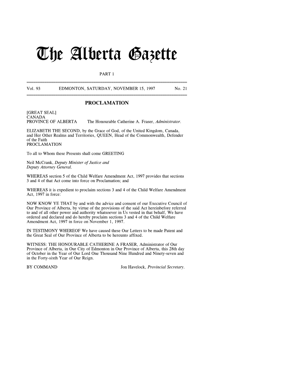 The Alberta Gazette, Part I, November 15, 1997