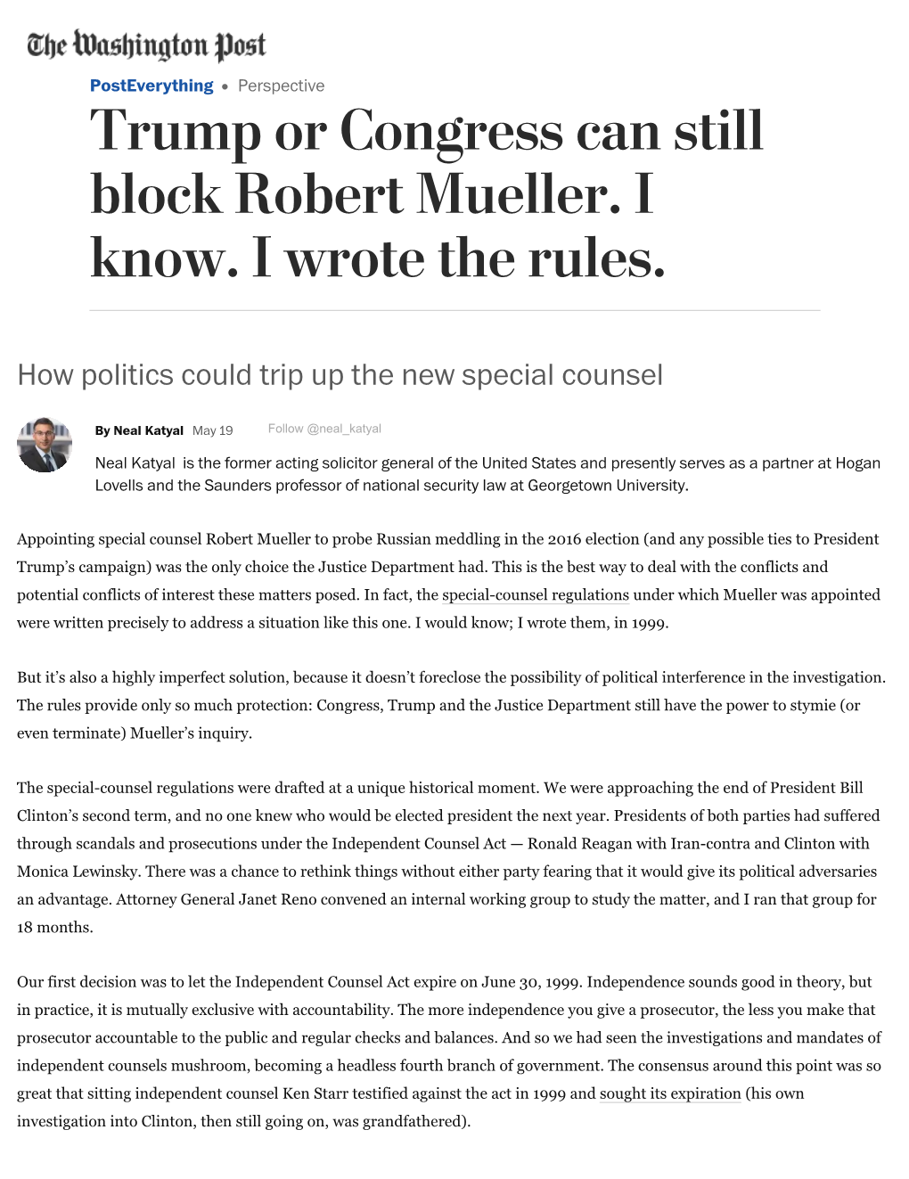 Trump Or Congress Can Still Block Robert Mueller. I Know. I Wrote the Rules